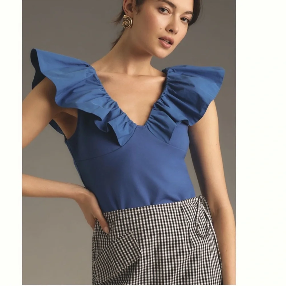 Anthropologie Ruffled Sleeve Top in Blue - Picture 4 of 6